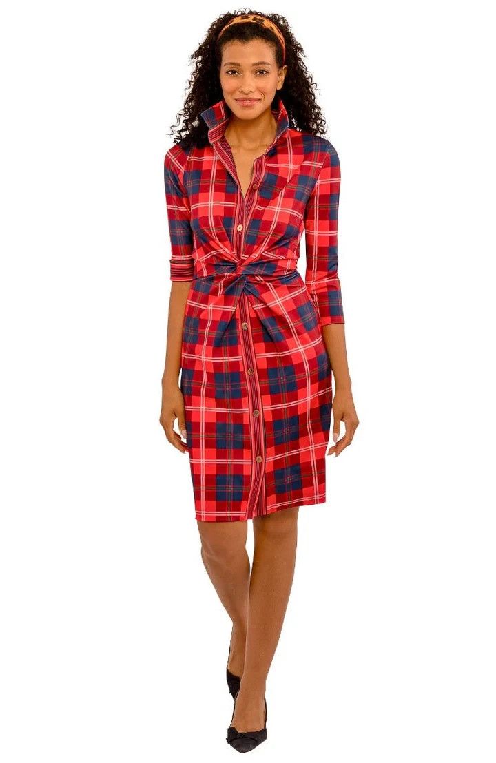 Gretchen Scott Women Red & Navy Middleton Plaid Knit Twist & Shout Dress Size Xs